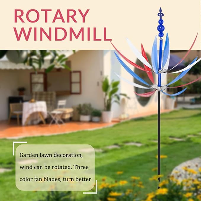 360° Outdoor Wind Spinner, Garden Pinwheels Metal Wind Sculpture Spinner with Gardens Stake, Rotating Windmill Yard Art Decor for Patio, Lawn & Garden (Color)