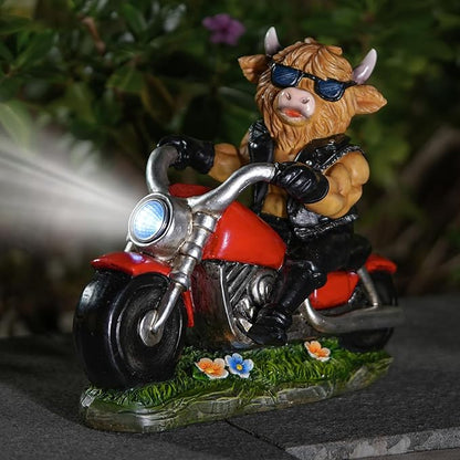 Joint Honglin Decorative Highland Cow on Motorcycle Statue with LED Headlight - Rustic Outdoor Garden Ornament, Biker Cow Figurine for Yard, Patio, or Home Decor Gifts