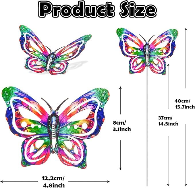 4Pcs Butterfly Garden Stakes Decor, Colorful Butterflies Decorations, Metal Yard Art for Outdoor Lawn Porch Pathway Yard Patio Plant Pot Ornaments (Butterfly- B)
