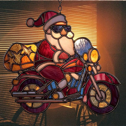 Cool Santa Riding Motorcycle Mosaic Acrylic Suncatcher Stained Glass Effect Window Car Hanging Christmas Ornament Indoor Outdoor Decor Garden Sun Catcher Panel for Women Mom Grandma