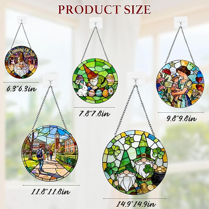 Funoasis Stained Glass Window Hanging Suncatcher - 6.3 Inches Easter Eggs and Rabbit Gnome Ornaments Sun Catcher Home Decor Spring Decoration