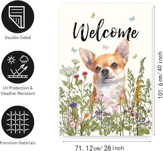 Floral Chihuahua Garden Flag Spring Summer House Flags 28 x 40 Double Sided Flower Dog Yard Flags for Outside Large Outdoor Welcome Flags