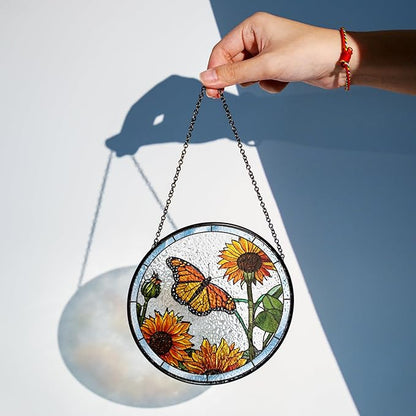 2 Stained Glass 7.8" Butterfly Stained Glass Suncatcher, Butterfly Sunflowers Stained Glass Suncatcher Art, Art Decor for Home Garden Housewarming, Gift for Pet Animal Nature Floral Lovers