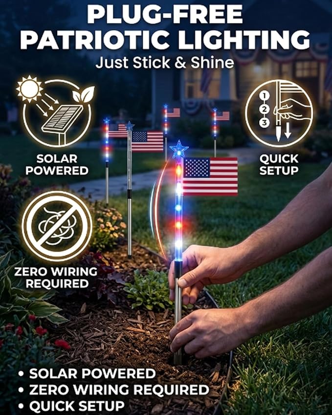 8 Piece Solar US Flag Light Set, American Flags Pole Pathway Lights, Outdoor Garden IP66 Waterproof Patriotic LED Star Stake with 8 Lighting Modes for 250th Anniversary, 4th of July Decoration