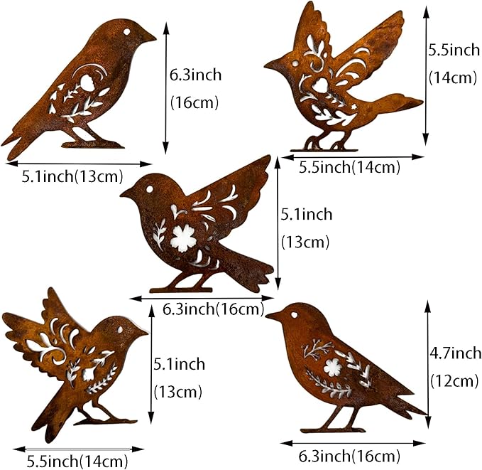Aimto 5PCS Rusty Birds Decoration,Metal Birds Garden Decor for Outside,Outdoor Bird Wall Decor,Metal Birds Craft Statue Ornaments - Garden Sculptures,Outdoor and Yard Art, Lawn Ornaments