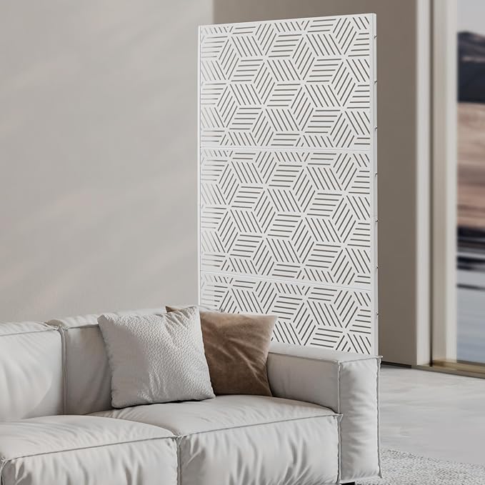 Metal Privacy Screen, 72" H x 36" W Freestanding Privacy Screens, Patio Decorative Metal Fence Panels with Stand, Portable Divider Screens, for Backyard/Patio/Deck (White-Rhombic, 72''H×36''W)