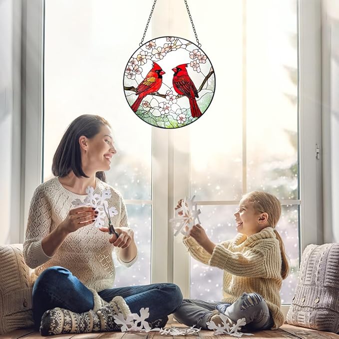 Cardinal Suncatcher Stained Glass Window Hanging - 8” Handmade Red Bird Suncatchers for Windows Hanging - Sun Catchers Indoor Wall Decor Art Glass Panels - Mothers Day Birthday Gifts for Mom Grandma