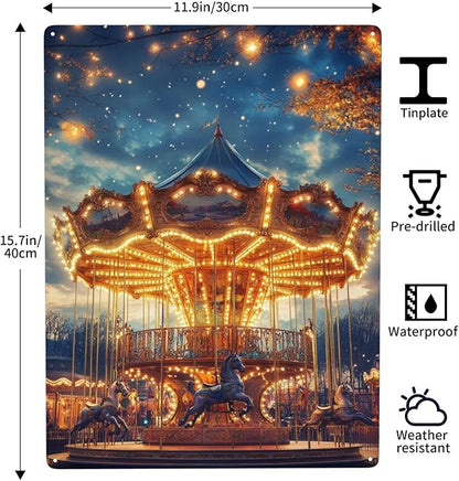 Tin sign Classic Carousel,Metal signs wall decor,Exquisite art plaque poster,for office,studio,living room,kids room,bar,cafe,Garden,Practical decorative Gifts,Easy to hang,12x16 inch