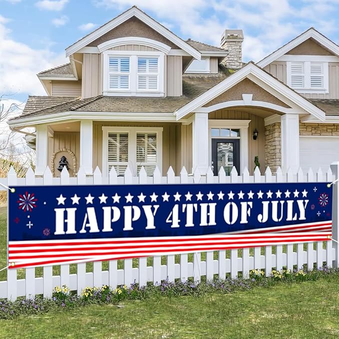 Happy 4th of July Banner 20 * 120inch Decorations Outdoor Patriotic Yard Sign Party Supplies Red White and Blue Stars USA Independence Day Backdrop for Outside Indoor Fence Balcony Garden Decorations