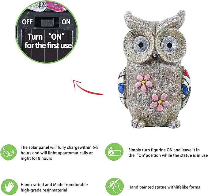 Solar Garden Owl Statue - Decorative Owl Figurine with Solar Powered Eyes, Gray Stone-Look Finish for Outdoor Decor