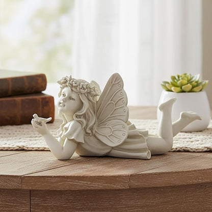 Lying Fairy Garden Statue with Bird – Resin Angel Figurine for Outdoor Garden Decor, Fairy Garden Sculpture for Yard, Patio or Flower Bed – 11" Garden Fairy Figurine