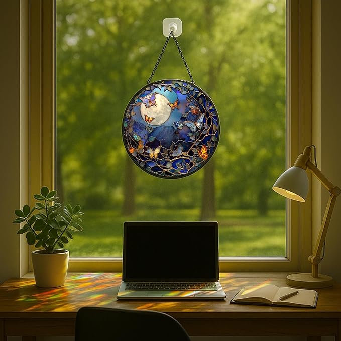 Stained Glass Window Hanging - Bluebird Perched on Branch Artwork 7.8in Sun Catchers Indoor Stained Glass Panels Wall Decor for Mom,Wife,Lovers,Festive