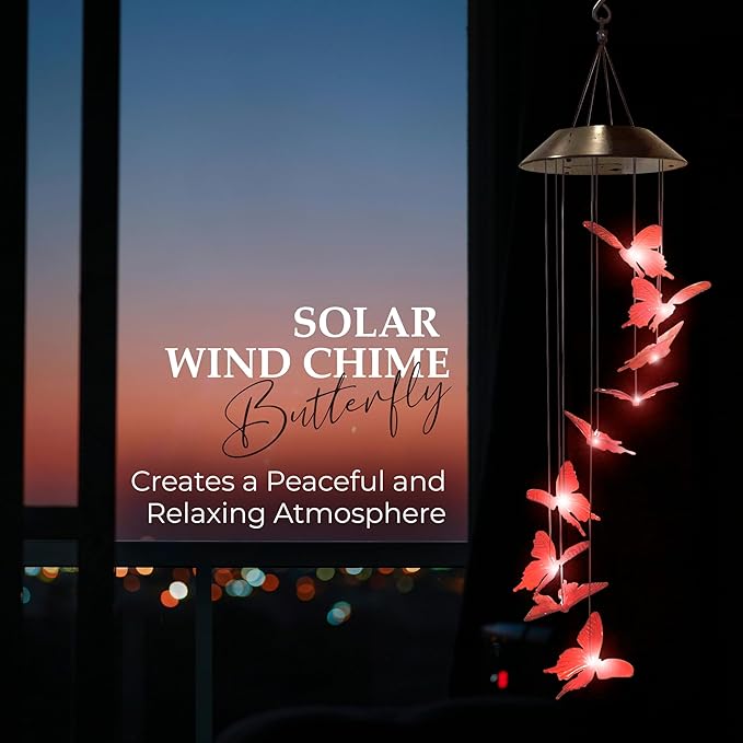 Upblend Outdoors Butterfly Solar Wind Chimes for Outside – Color Changing LED Wind Chimes for Outside, Solar Chimes Outdoor Waterproof – Butterfly, Red