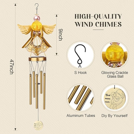 JYPS Angel Solar Wind Chimes, 40-Inch Large Waterproof Windchimes for Outside with Glowing Crackle Glass Ball, Garden Patio Yard Decor Mother's Day Birthday Unique Gifts for Women Mom Grandma Wife