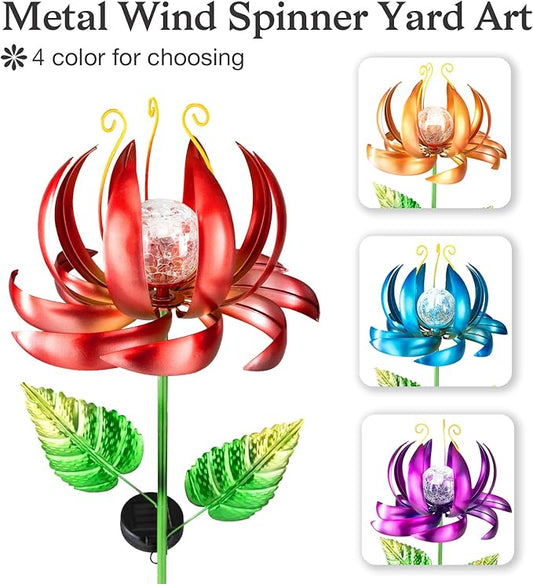 Solar Yard Lights Wind Spinners- Metal Lotus Flower Garden Decor LED Crackle Glass Globe Yard Art Sculpture Solar Stake Lights for Patio Pathway Lawn Walkway (Red-Large)