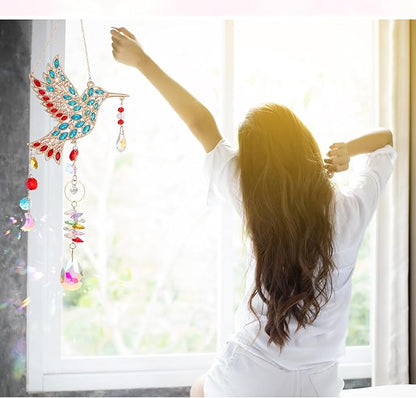 Hummingbird Gifts for Mom Grandma, Crystal Sun Catcher Hanging Indoor Window, Mothers Day Birthday Valentines Day Gifts for Women Bird Lovers, Love Pendant Home Decorations Garden Outdoor (Gold)