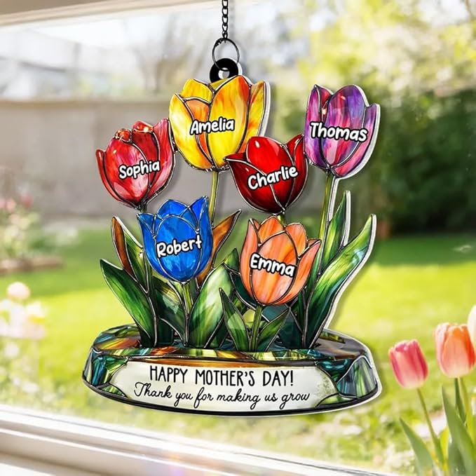 Personalized Grandma Mom Tulip Flower Acrylic Sun Catcher Ornament, Custom Heartfelt Grandma Gifts for Mothers Day, Nana Gift from Grandkids, Custom Family Window Hanging Home Decor