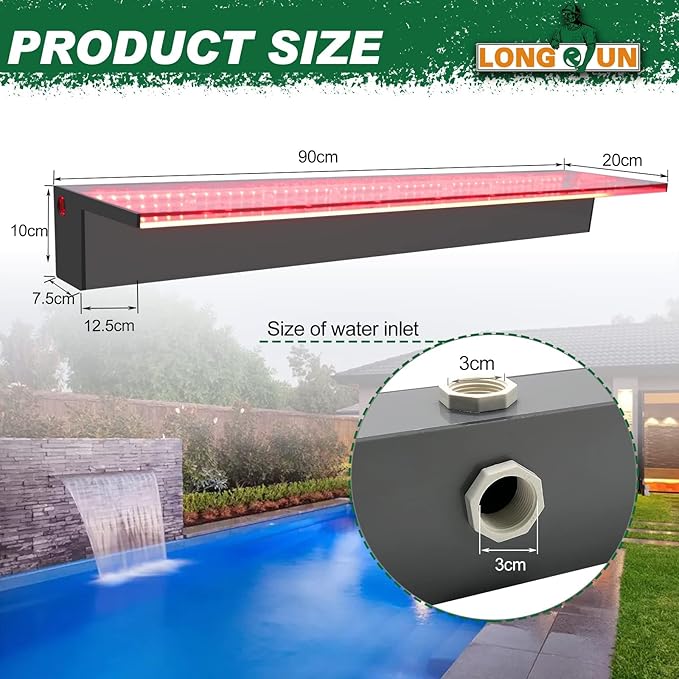 LONGRUN 90cm Pond Waterfall Blade,Acrylic Pool Fountain with RGB Bluetooth LED Light, Complete Waterfall & Stream Kits for Outdoor Water Features