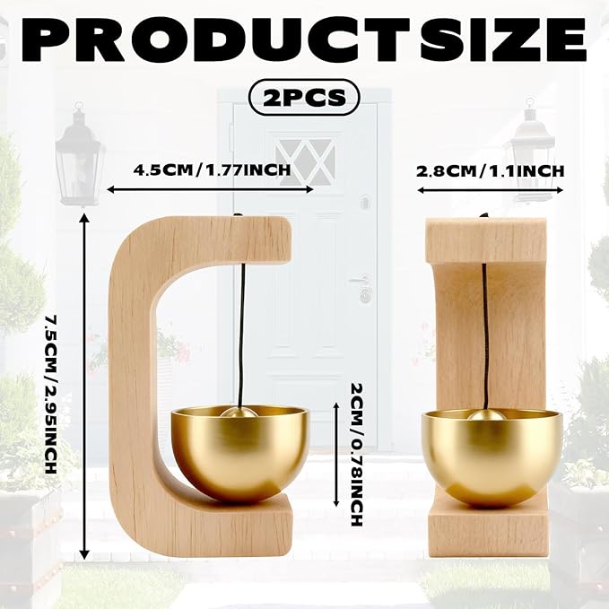 2Pcs Magnetic Wooden Doorbell with Brass Bell, Beech Wood Entry Alert Chime for Home and Office, Decorative Shopkeepers Bell for Retail Shop, Minimalist Door Opening Bell with Adhesive Backing