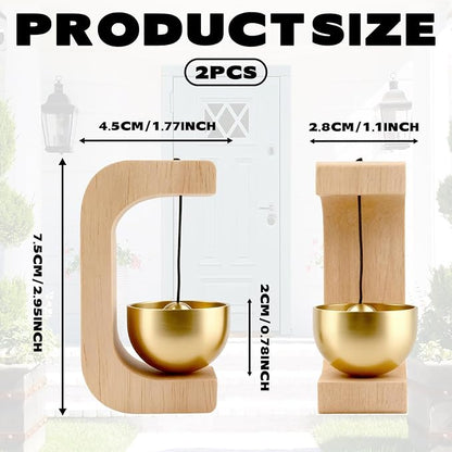 2Pcs Magnetic Wooden Doorbell with Brass Bell, Beech Wood Entry Alert Chime for Home and Office, Decorative Shopkeepers Bell for Retail Shop, Minimalist Door Opening Bell with Adhesive Backing