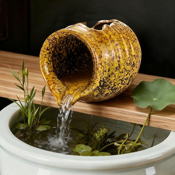 M METERXITY Ceramic Garden Fountain Spitter, Clay Pot Ecological Tank for Pond/Backyard Water Feature/Cave Waterfall/Landscaping, DIY Water Flow Jar Hydroponic Vase [5.5in, Iridescent Yellow]