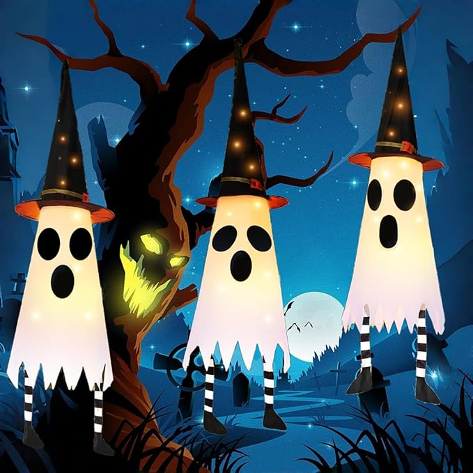 FENELY 3 Packs 38" Halloween Hanging Lighted Glowing Ghosts with Witch Hat and Foot, Outdoor Indoor Decorations for Home Party Yard Patio Garden Tree