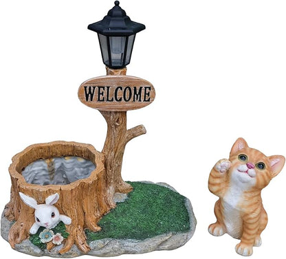 20" Solar Cat Garden Statue with Welcome Sign & Planter - Large Cat Sculpture with LED Street Lantern - Weatherproof Resin Decorative Flower Pot for Porch, Yard & Patio - Pet Lover Gift