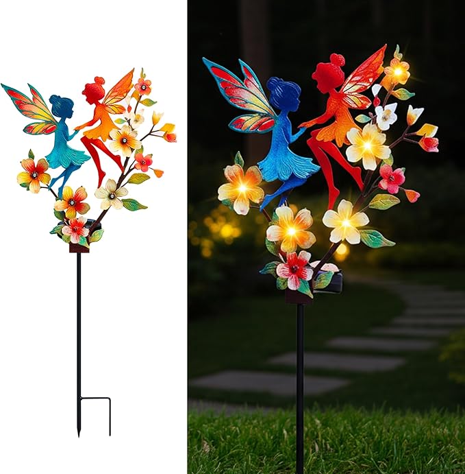 Solar Fairy Garden Stakes - Metal Whimsical Yard Art Decor, Warm LED Lights Waterproof Outdoor Decorative Stakes for Path Patio, Perfect Fairy Gift for Women/Mom(Twin Fairies)