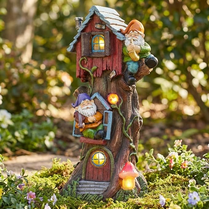TERESA'S Collections 11" Tall Large Garden Statues Gnome Treehouse with Solar Outdoor Light, Garden Sculptures Statues Figurines Resin Garden Decor Lawn Ornaments Patio Yard Decor Gifts for Mom
