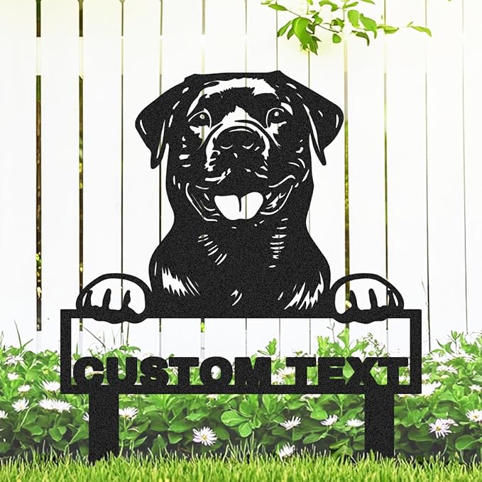 Custom Rottweiler Dog Garden Sign with Stakes, Persnalized Funny Dogs Yard Stake Metal Welcome Sign for Outdoor, Customized Patio Lawn Art Dog House Name Plaque Gardening Signs for Pet