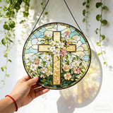 Cross Flower Suncatcher Stained Glass Window Hanging, Christian Wildflower Sunset Landscape Sun Catchers Indoor Window Glass Round Wall Decor, Religious Wall Art Hanging Decorations Statues