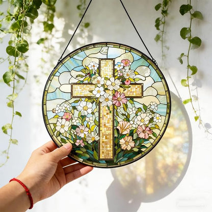 Cross Flower Suncatcher Stained Glass Window Hanging, Christian Wildflower Sunset Landscape Sun Catchers Indoor Window Glass Round Wall Decor, Religious Wall Art Hanging Decorations Statues