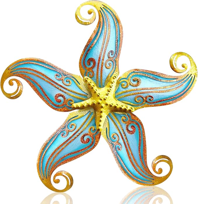 Starfish Coastal Wall Decor Art, Starfish Beach Theme Bathroom Decor for Bedroom House Home, 12" Hanging Glass Sculpture, Beach Wall Art Ocean Gifts for Women & Men (Blue)
