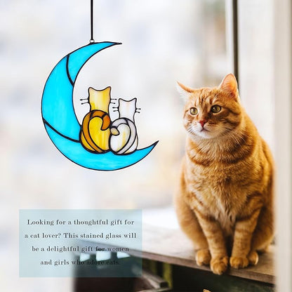HDCRYSTALGIFTS 6.5'' Valentine’s Day Gift, Cat Lovers Stained Glass Window Hanging Sun Catcher Gifts for Women/Girls, Glass Couple Cat Sitting on Moon Suncatcher for Window, Wall Home Decor