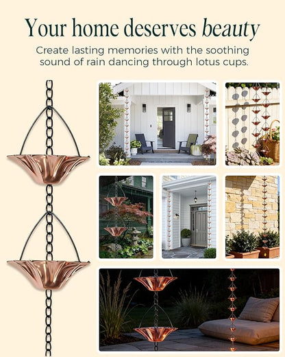 2Items 8.5FT Outdoor Rain Chain with 12 Lotus Cups & Bell, Decorative Rain Chains for Downspouts, Adjustable Gutter Drainage Replacement for Eaves, Easy Installation Water Catcher Chain