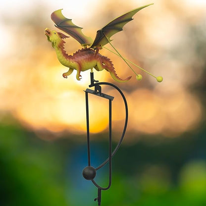 Red Carpet Studios Outdoor Sculpture - Balancing Kinetic Garden Stake Rocker, 50.25" Tall, Yellow Dragon