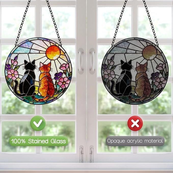 Stained Glass Window Hanging, 8 Inch Black Orange Cat Suncatcher, Sun Catchers Indoor Window, Pet Suncatchers for Windows Hanging, Spring Home Garden Decor Panel, Cat Lover Memorial Gifts for Mom