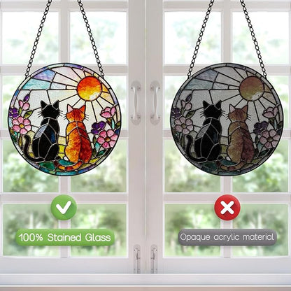 Stained Glass Window Hanging, 8 Inch Black Orange Cat Suncatcher, Sun Catchers Indoor Window, Pet Suncatchers for Windows Hanging, Spring Home Garden Decor Panel, Cat Lover Memorial Gifts for Mom