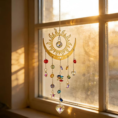 Bohemian Garden Crystal Suncatcher, Crystal Prism Suncatcher, Rainbow Maker, Hanging Crystals for Window, Garden Decoration (Sun)