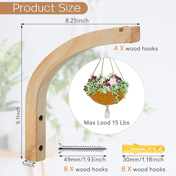 Juexica 4 Pcs Plant Hanger Wooden, 8 Inch Hanging Plant Hooks for Indoors and Outdoor, Wall Mounted Hanging Hook Brackets for Planters Lanterns Wind Chimes and Bird Feeders Patio Decor(Wood Color)