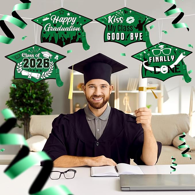 Chunful 12 Pack Graduation Yard Signs Grad Decoration 2026 Happy Graduate Lawn Garden Sign with Stake Congrats Outdoor Plastic Cap Hanging Ornament for Class Pathway Walkway Porch Party(Green)