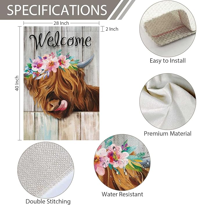 Heyfibro Welcome Summer Highland Cow Garden Flag 28x40 Inch Double Sided Burlap, Farmhouse Floral Cow Yard Decor Spring Summer Flowers Porch Flag for Rustic Seasonal Outdoor Decoration(ONLY FLAG)