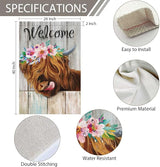 Heyfibro Welcome Summer Highland Cow Garden Flag 28x40 Inch Double Sided Burlap, Farmhouse Floral Cow Yard Decor Spring Summer Flowers Porch Flag for Rustic Seasonal Outdoor Decoration(ONLY FLAG)