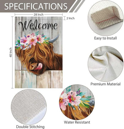 Heyfibro Welcome Summer Highland Cow Garden Flag 28x40 Inch Double Sided Burlap, Farmhouse Floral Cow Yard Decor Spring Summer Flowers Porch Flag for Rustic Seasonal Outdoor Decoration(ONLY FLAG)