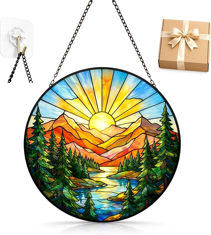 Mountain Sunrise Suncatcher Window Hanging, 7.8" Stained Glass Decor, Nature Gift for Family, Friends and Loved Ones, Scenic Mountain Home Decor for Window, Sunroom, Living Room and Garden