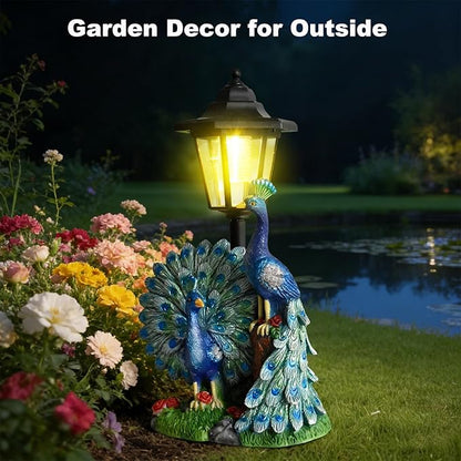 VEEKI Peacock Garden Statue Outdoor, Solar Peacock Figurine Outdoor Waterproof with Lantern, Resin Peacock Decor for Garden Patio Yard Lawn Ornament, Housewarming Birthday Gifts for Women Mom Grandma