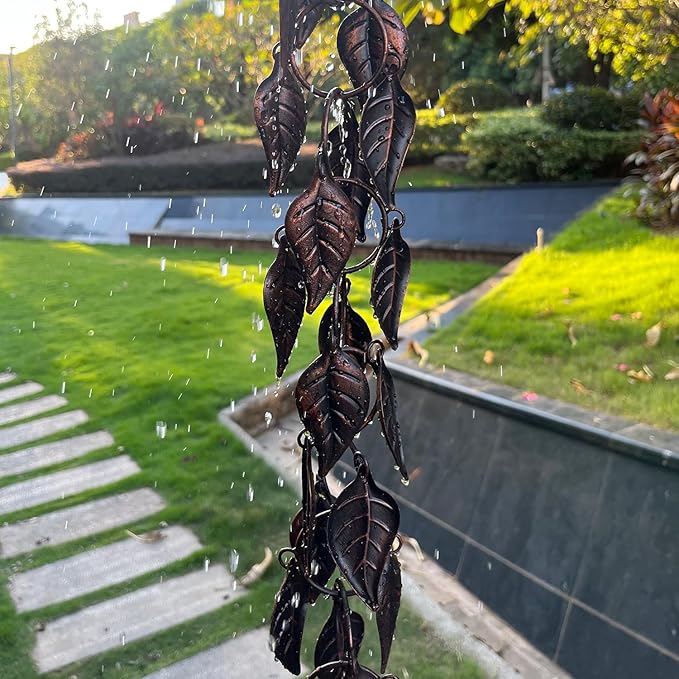 8.5 FT Rain Chain, Leaves Rain Chains for Gutters and Downspouts, Decorative Rain Chains for Outside, Metal Rain Catcher Gutter Chain Downspout, Decorate Your House and Garden, Antique Copper