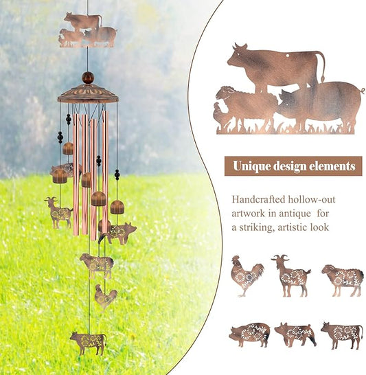 Farm Animal Wind Chimes Gifts for Women Men, Farmhouse Decor for Outside Garden Patio, 35 Inch Vintage Metal Cow Pig Chicken Sheep Goat Wind Chimes