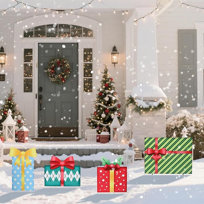 WONDER GARDEN Christmas Yard Signs, Metal Gift Boxes Yard Stakes Christmas Outdoor Decorations Freely Mix and Match for Xmas Holiday Outdoor Garden Lawn Pathway Decor