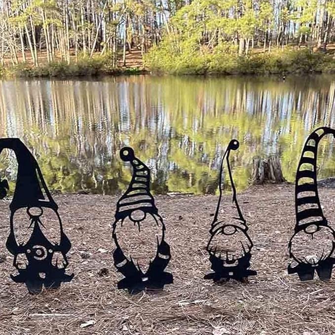 Headerbs Garden Gnomes Yard Art Handmade Black Premium Iron Silhouette Metal Statues for Yard Decor (B)